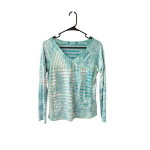 Prana Womens Striped V-Neck Long Sleeve Top Turquoise Teal M Burn Out Outdoor